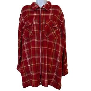 Essentials Style Red Plaid Flannel Zip Up Long Sleeve Shirt Jacket Women‎ XXL